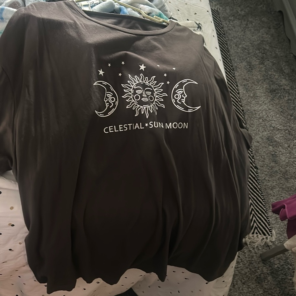 grey classic tee with the words “celestial” “sun” and “moon”